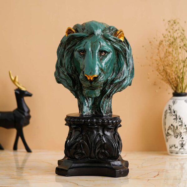 Handmade Lion Head Statue Stone Finish Animal Figurines Gifts Antique Design for Home Decoration (green)